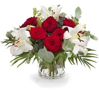 Boeket witte lelies met rode rozen groot