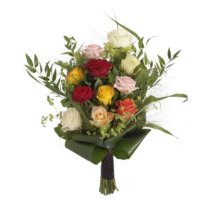 Eenvoudig rouwboeket bonte rozen & groen bovenaanzicht