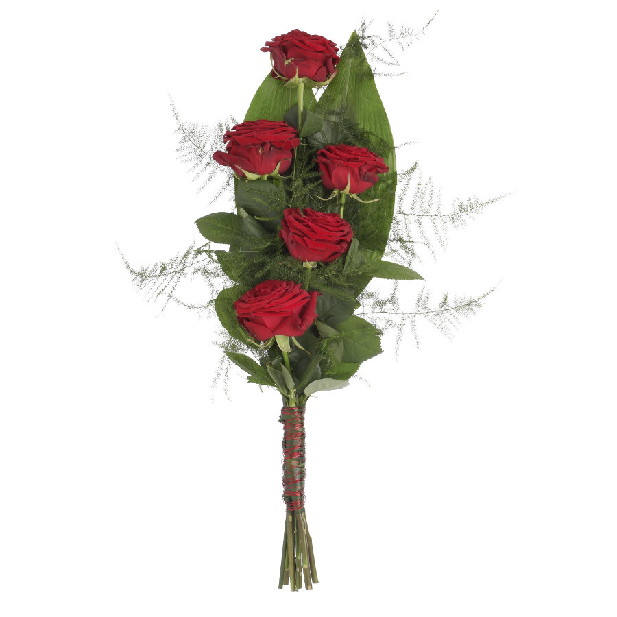 Eenvoudig rouwboeket rode rozen en groen