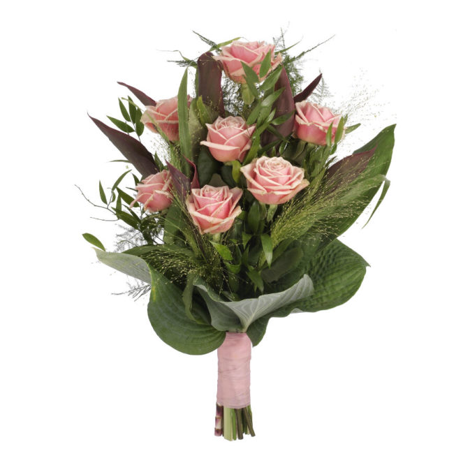 Eenvoudig rouwboeket roze rozen & groen bovenaanzicht