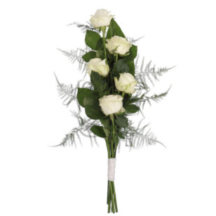 Eenvoudig rouwboeket witte rozen & groen bovenaanzicht